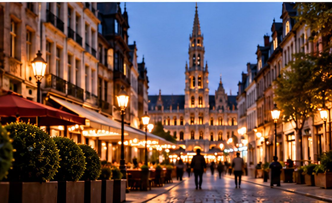 An evening street in central Brussels leading to the Town Hall tower